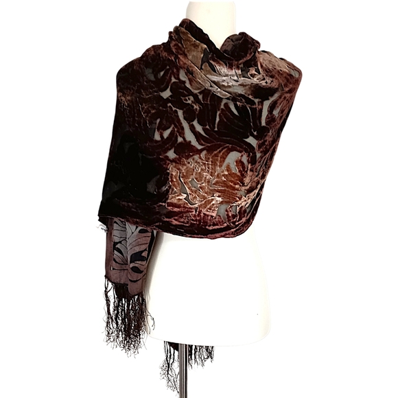 Vtg Silk Velvet Burnout Piano Shawl Scarf Brown Ombre Bohemian Witchy Victorian - Picture 3 of 16